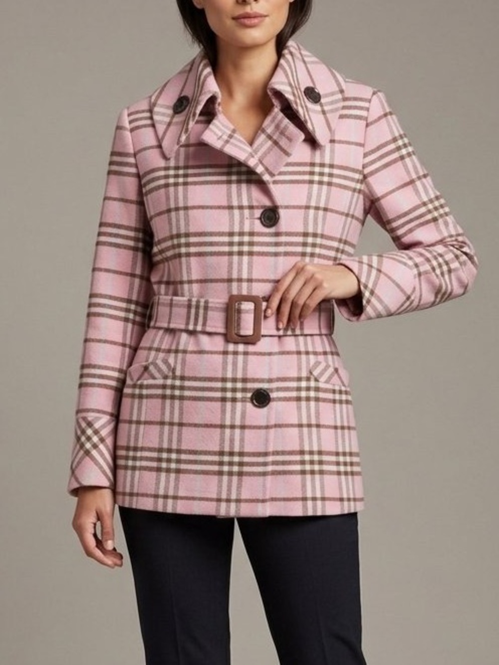 Pink Plaid Belted Women's Coat